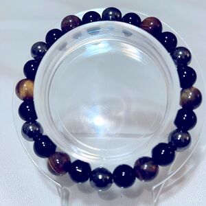 Elegant Natural Obsidian Hermatite Tiger Eye Beaded Bracelet 7 In NWOT